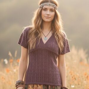 RW&CO. XS Y2K Bohemian Hippie Resortwear Pointelle Babydoll Crochet Knit Top